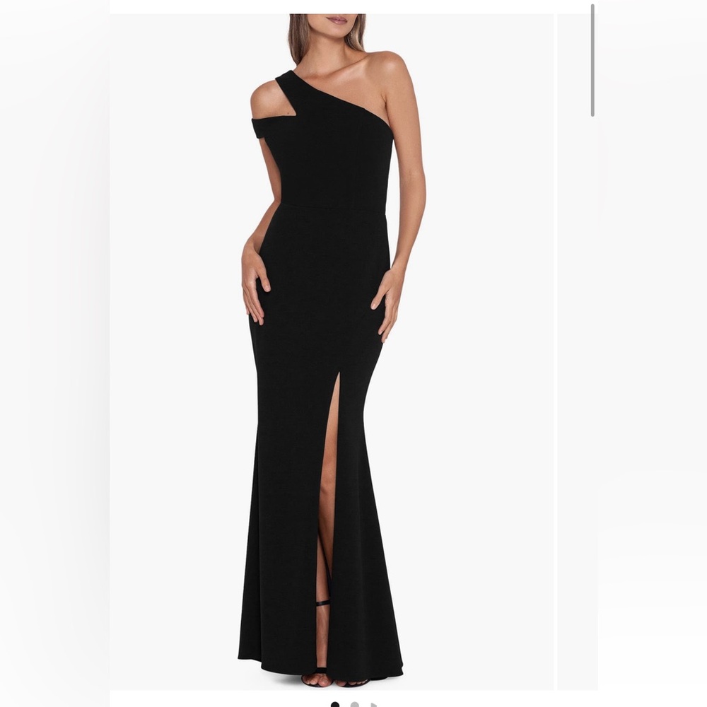 Xscape Evenings One-Shoulder Cutout Crepe Scuba Gown in color “Pine”